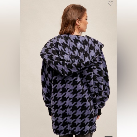 🆕Cardigan Oversized Hoodie Cozy Open With Pockets Blue Black Houndstooth OSFM - Picture 4 of 4